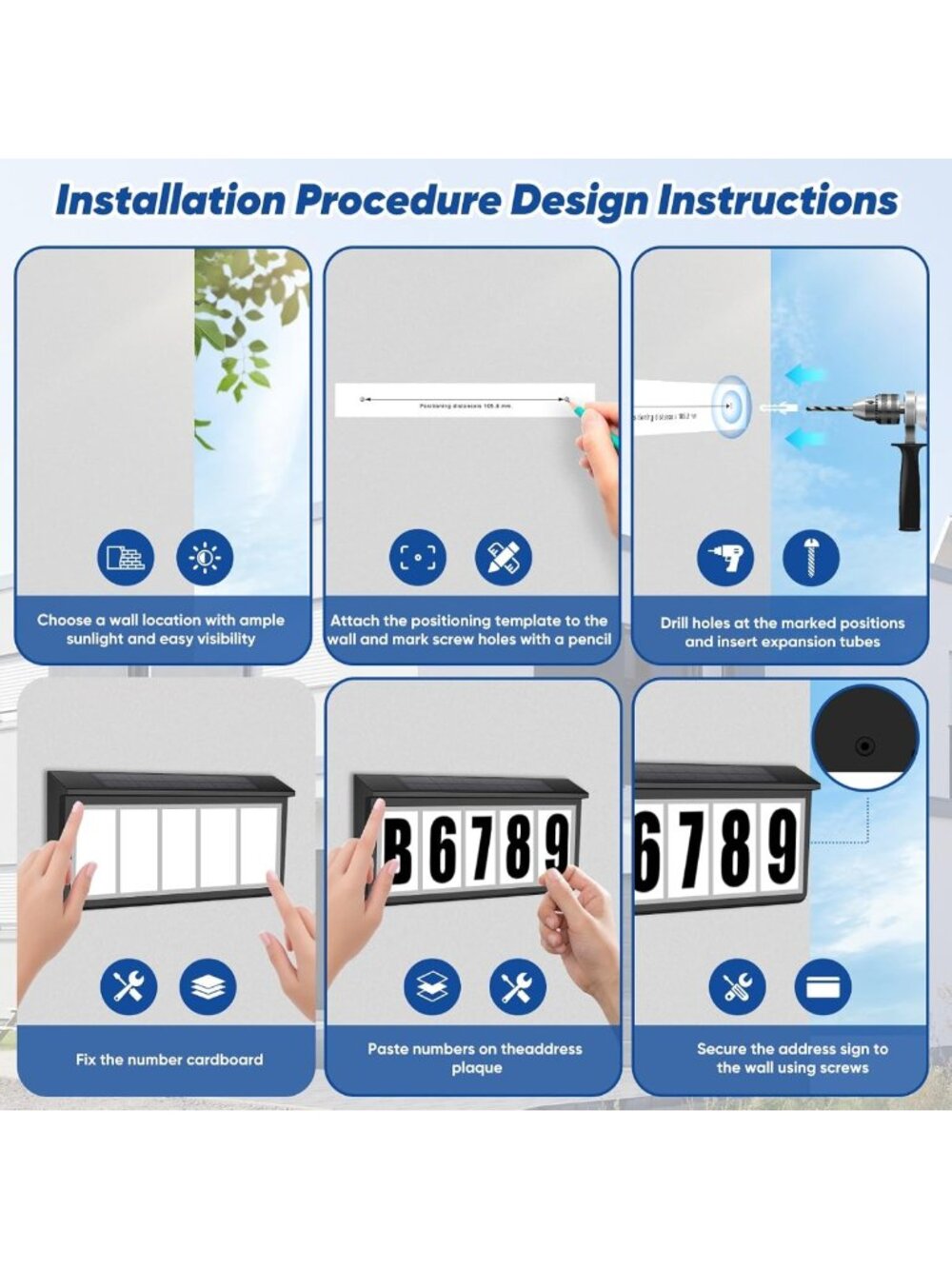 Solar-Powered LED House Numbers, Waterproof Dual Color Address Sign with - Picture 7 of 7
